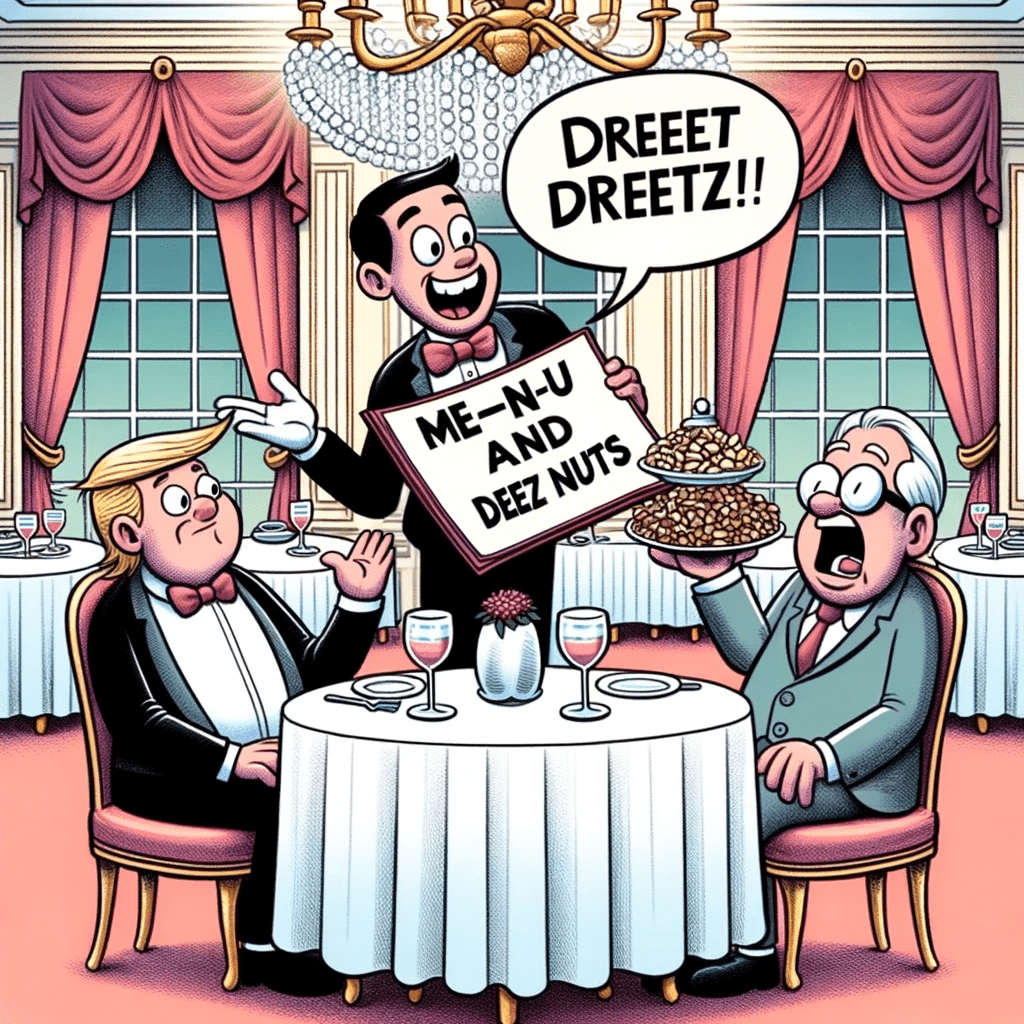 Cartoon graphic of a fancy restaurant setting. A waiter presents a menu that reads 'Me-n-u and Deez Nuts' to a surprised diner