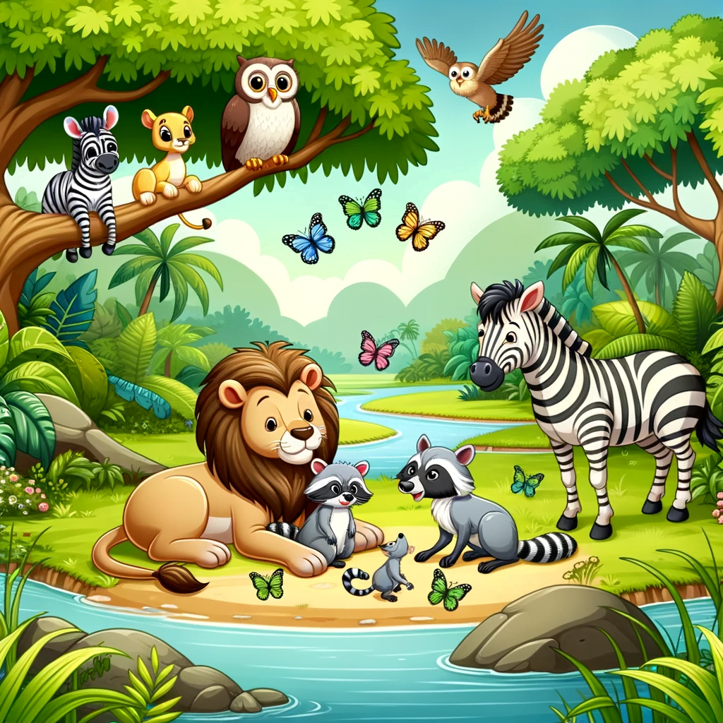 Cartoon graphic of a serene jungle clearing where diverse animals come together. A lion and a zebra share a moment of peace a family of raccoons play