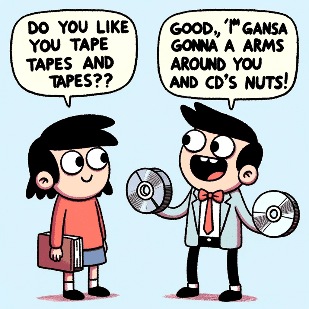 Cartoon illustration of two characters conversing. One character asks Do you like tapes and CDs The other responds with curiosity. The first chara
