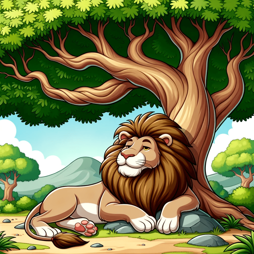 Cartoon representation of a magnificent lion with a thick lush mane reclining comfortably in the shade of a tree with widespread branches. The surro