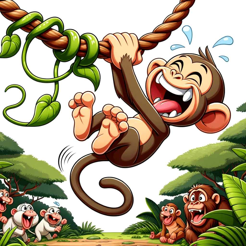 Cartoon representation of a mischievous monkey laughing as it swings high above the ground its tail wrapped around a strong vine. Below other jungle