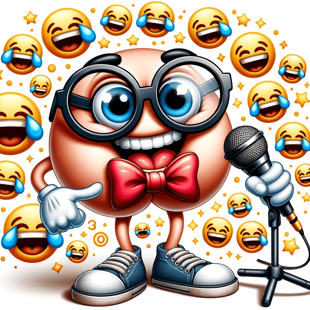 DALL·E 2023 10 20 17.43.57 Artistic depiction of a playful butt character with comedy glasses and a bowtie holding a microphone with text bubbles filled with laughing emojis