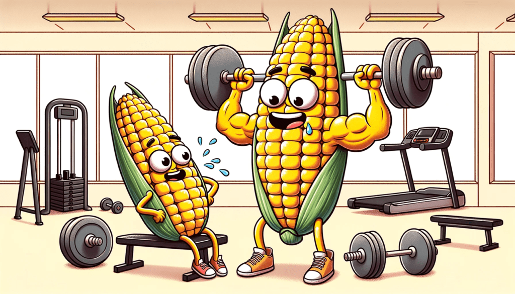 DALL·E 2023 10 20 23.48.35 Illustration of two corn cobs in a gym setting. One corn cob is lifting weights with strong muscular arms while the other cob watches in awe. The cap