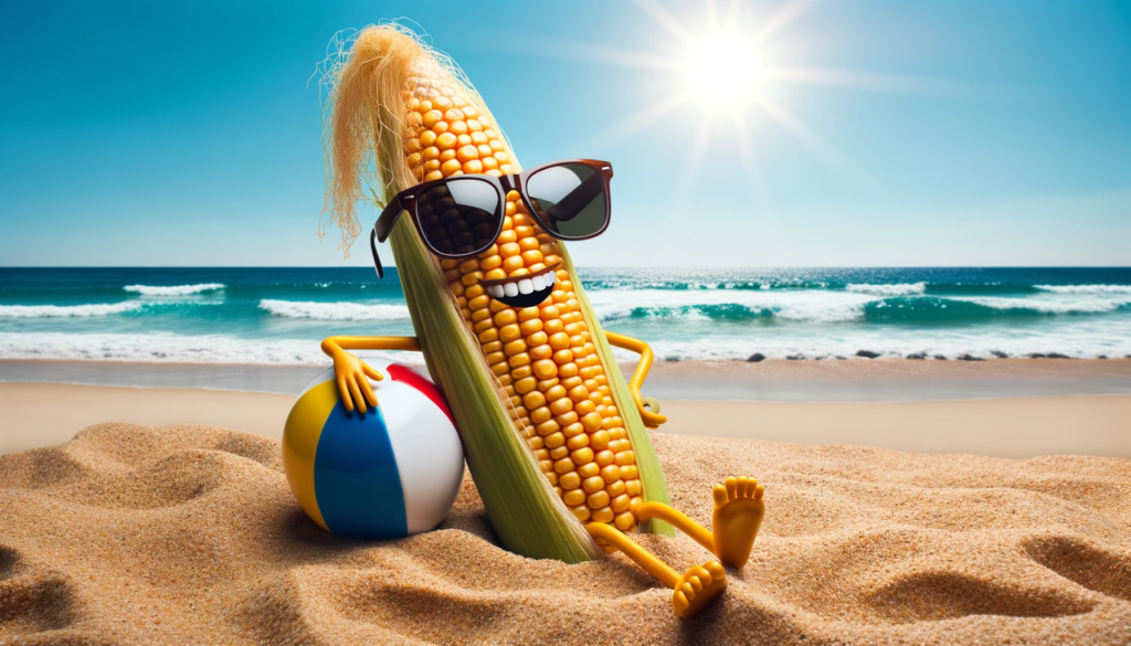 DALL·E 2023 10 20 23.48.45 Photo of a corn stalk wearing sunglasses and chilling on a beach with the caption Just corning around on the beach. The sandy beach stretches out