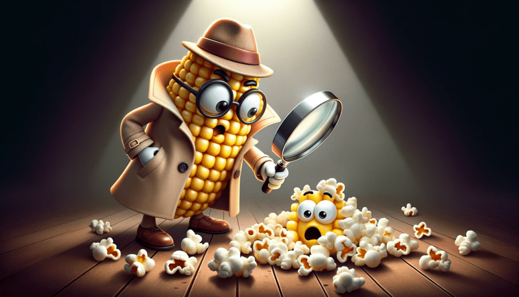 DALL·E 2023 10 20 23.48.47 Cartoon of a detective corn cob with a magnifying glass looking at a trail of popcorn. The background is a dimly lit room with wooden floorboards. Th