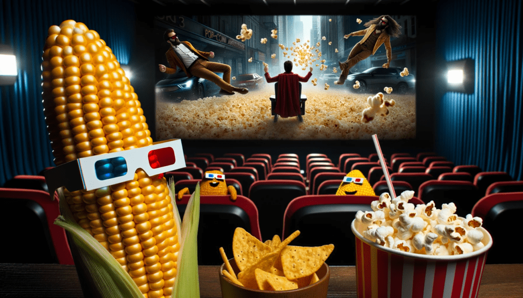 Photo of a corn cob sitting in a cinema, with 3D glasses on, watching a movie about popcorn. The screen displays an intense action scene with popcorns