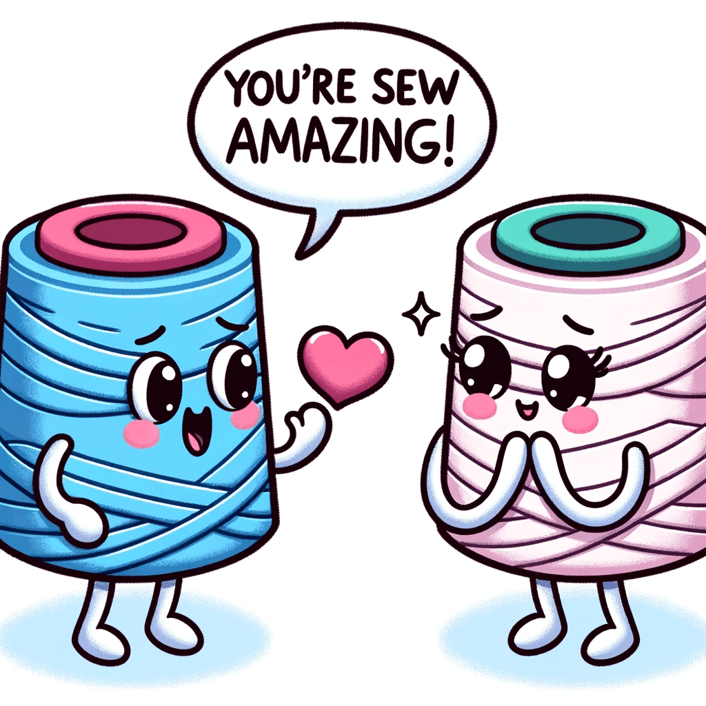 Cartoon of two thread characters chatting, with one saying, 'You're sew amazing!' and the other blushing