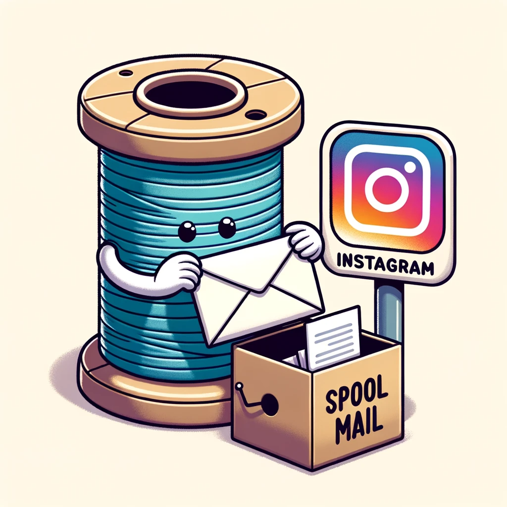 Illustration-of-a-thread-character-putting-a-letter-into-a-spool-shaped-mailbox-with-the-label-Spool-Mail-and-an-Instagram-logo-in-the-corner