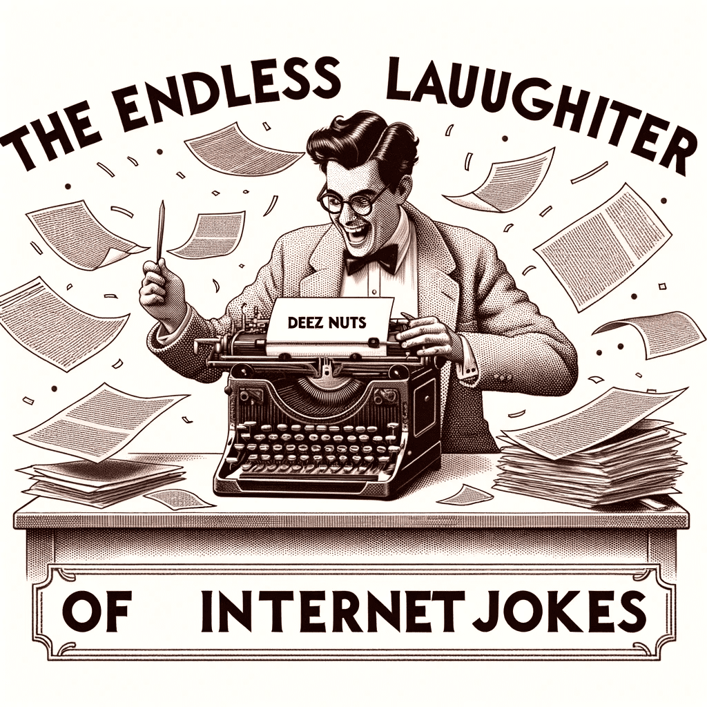 Illustration for a blog post footer where a character is typing Deez Nuts on a vintage typewriter with paper flying around and the words The Endl