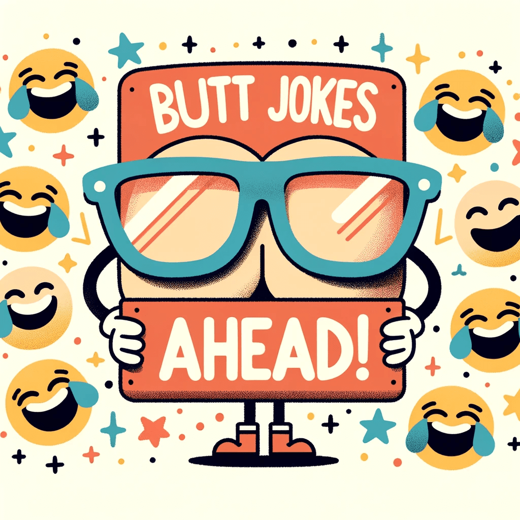 Illustration of a rear end character wearing oversized glasses holding a sign that says Butt Jokes Ahead surrounded by laughing emojis ideal for