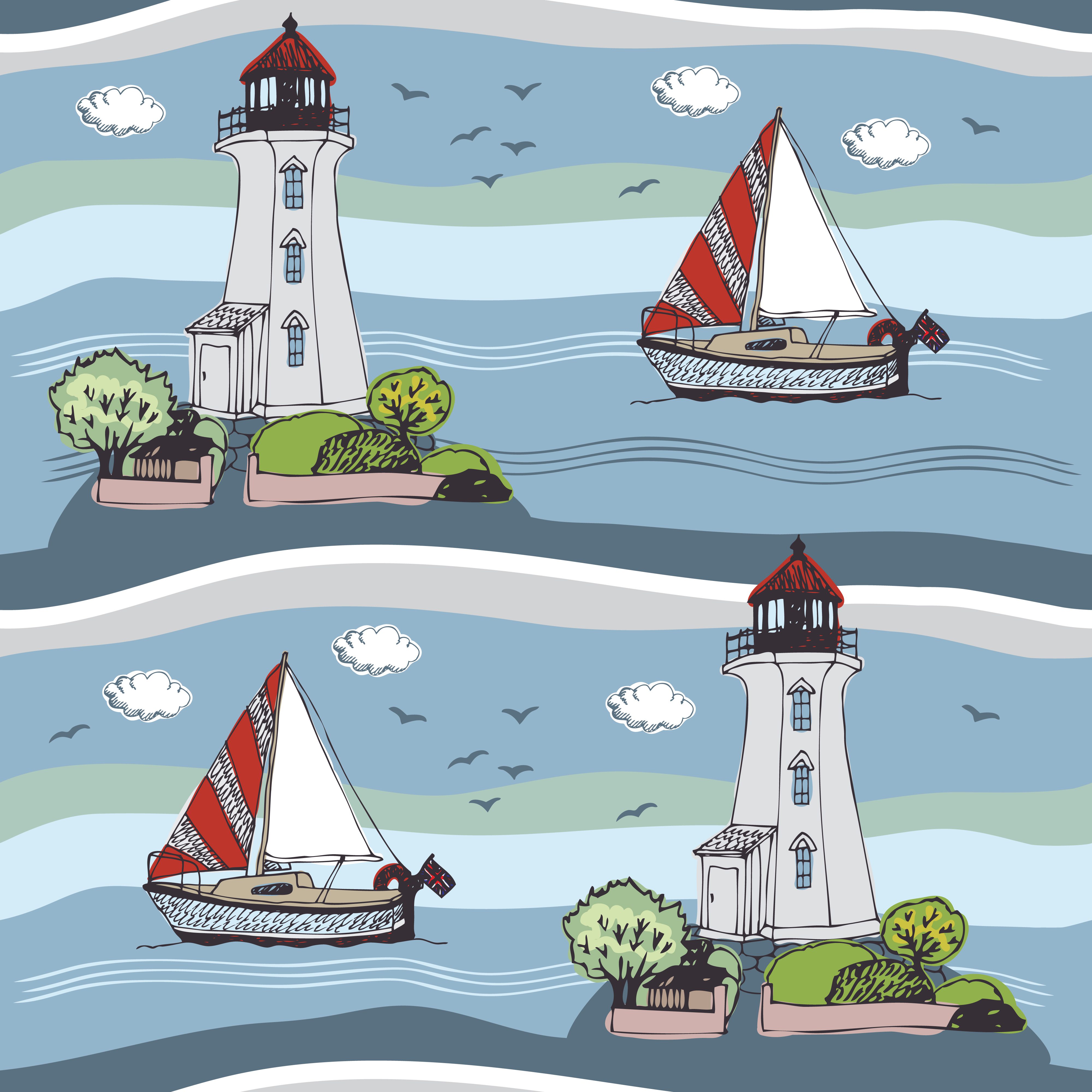 a pattern of boats and a lighthouse